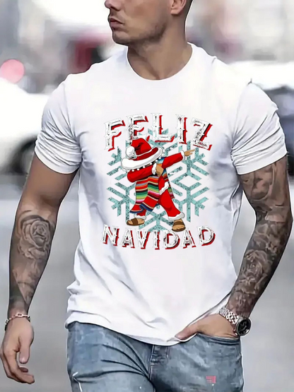 Men's Graphic T-Shirt Dancing Santa Claus With Snow Overlapping Letters Christmas Figure