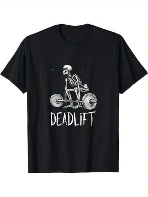 Men's Graphic T-Shirt Skeleton Lifting Heavy Barbell At Midnight Gym Deadlift