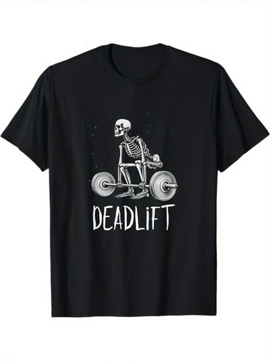 Men's Graphic T-Shirt Skeleton Lifting Heavy Barbell At Midnight Gym Deadlift