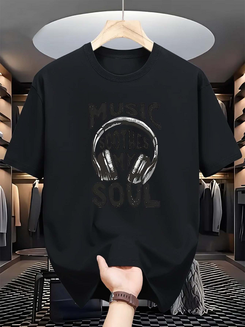Men's Graphic T-Shirt Music Gives Rhythm To The Soul With Headphones Surrounded By Energy