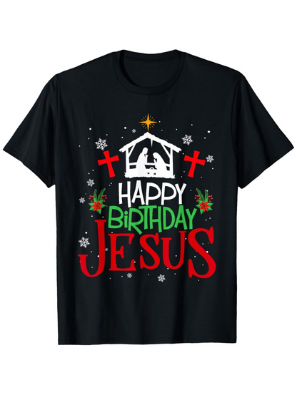 Men's Graphic T-Shirt Happy Birthday Jesus Nativity Scene Snowflakes Red Green Crosses T Shirt