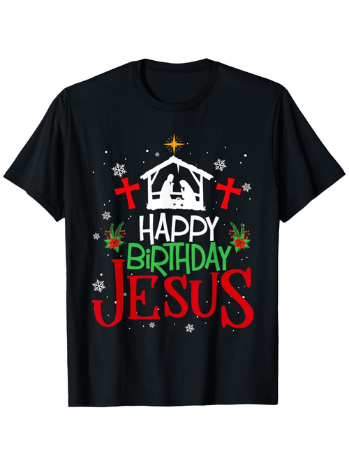 Men's Graphic T-Shirt Happy Birthday Jesus Nativity Scene Snowflakes Red Green Crosses T Shirt