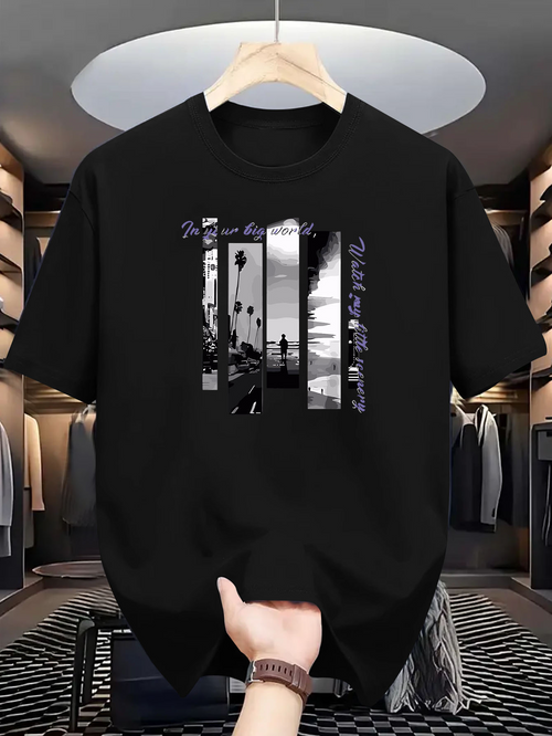 Men's Graphic T-Shirt Silhouetted Palm Trees With Sunset Reflections And Urban Street Scene