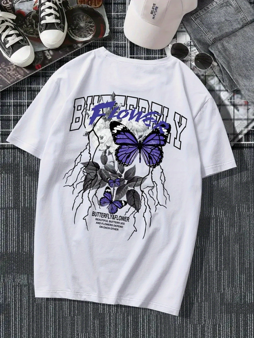 Men's Graphic T-Shirt Butterfly Flowers With Lightning And Text Above A Purple Butterfly