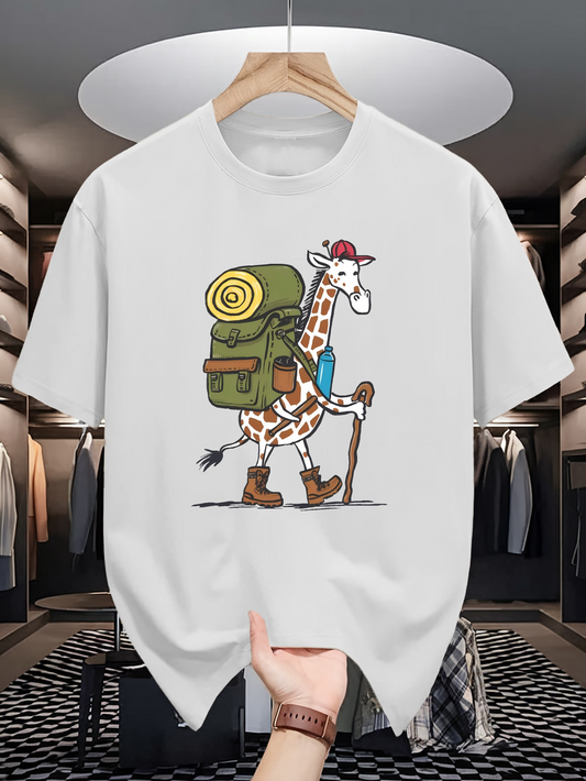 Men's Graphic T-Shirt Adventurous Safari Giraffe Wearing Hat With Hiking Gear Backpack