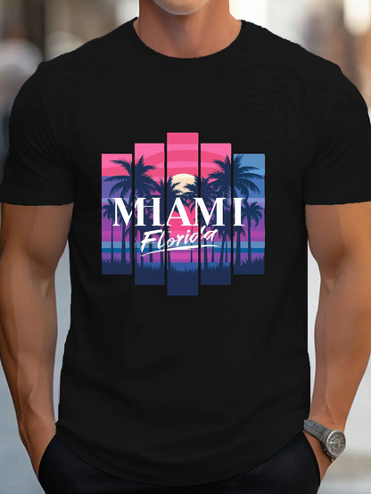 Men's Graphic T-Shirt Miami Florida Sunset Palms With Neon Pink Beach Scene