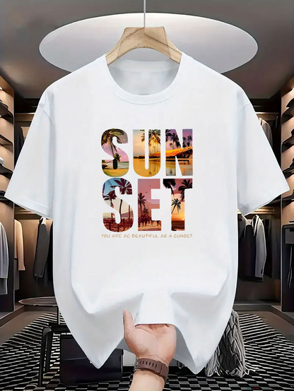 Men's Graphic T-Shirt Sunset Golden Beaches Within Bold Capital Letters Sunset