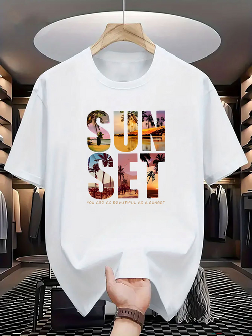 Men's Graphic T-Shirt Sunset Golden Beaches Within Bold Capital Letters Sunset