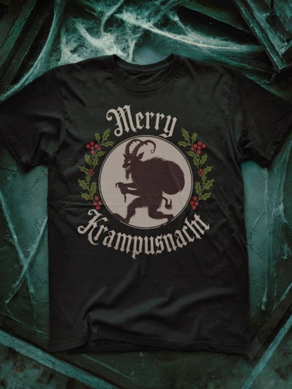 Men's Graphic T-Shirt Merry Krampusnacht Wreath With Festive Holly Silhouette Of Krampus