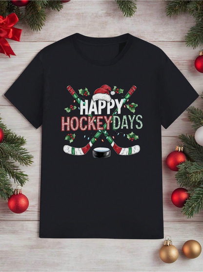 Men's Graphic T-Shirt Happy Hockey Days Festive Candy Cane Pattern With Santa Hat And Hockey Sticks