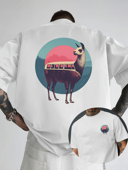 Men's Graphic T-Shirt Sunset Mountains With Retro Train On Majestic Llama