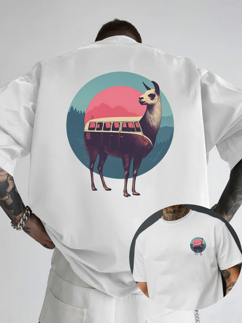 Men's Graphic T-Shirt Sunset Mountains With Retro Train On Majestic Llama