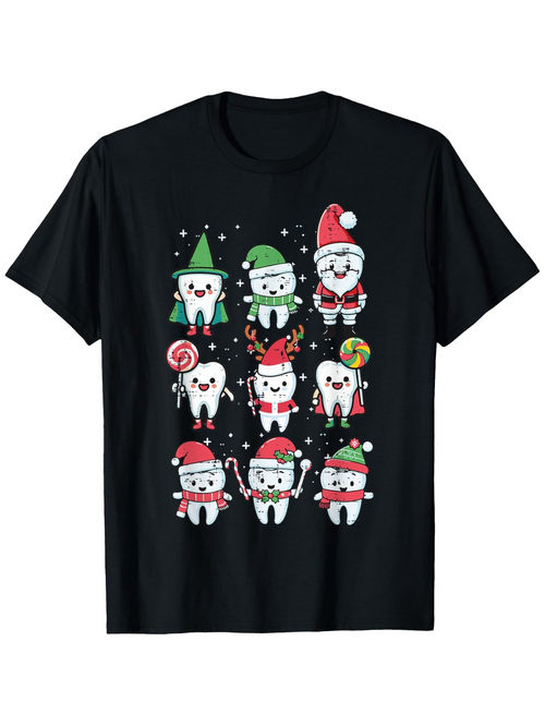 Men's Graphic T-Shirt Holiday Smiling Teeth With Lollipops And Festive Christmas Decorated Characters