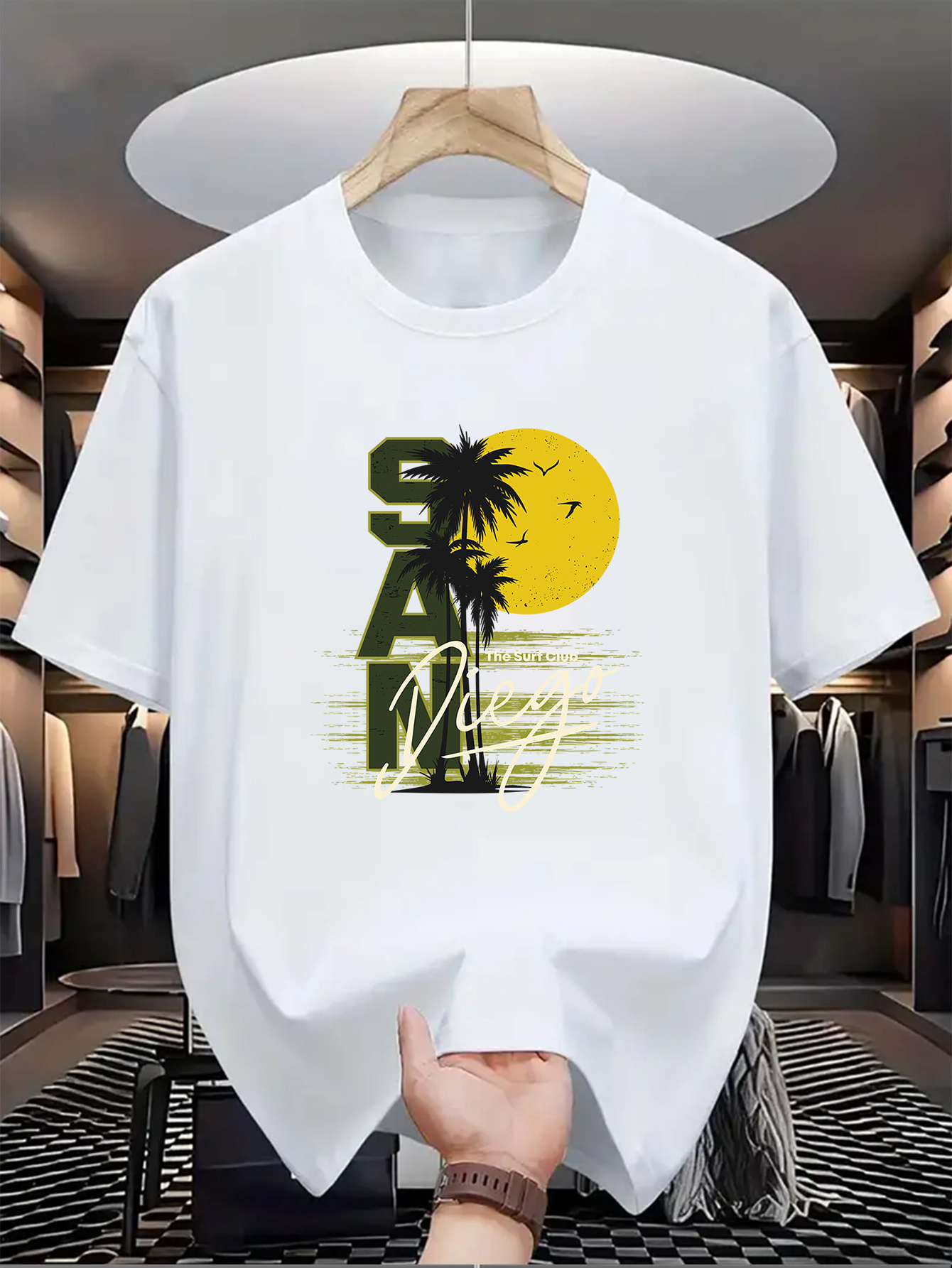 Men's Graphic T-Shirt Sunny Palm Trees With Yellow Setting Sun And Flying Birds