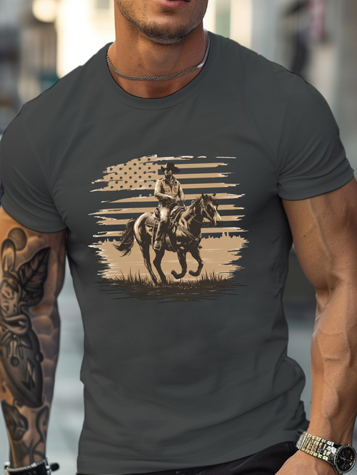 Men's Graphic T-Shirt Vintage American Flag With Cowboy Riding Through Open Grassland Horse