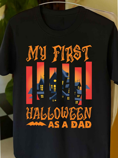 Men's Graphic T-Shirt My First Halloween As A Dad Haunted Houses With Glowing Windows At Dusk