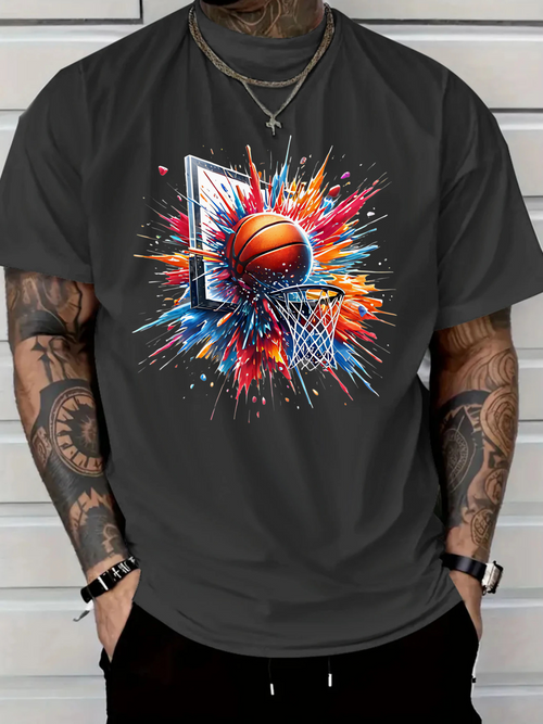 Men's Graphic T-Shirt Colorful Paint Splash With Exploding Burst Surrounding Basketball Hoop Backboard And Ball