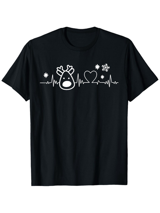 Men's Graphic T-Shirt Holiday Antler Avocado On Heartbeat With Snowflake Black T Shirt