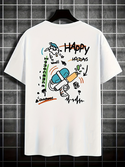 Men's Graphic T-Shirt Happy Holidays Cartoon Drawing With Playful Scribbles And Bold Doodle Rocket