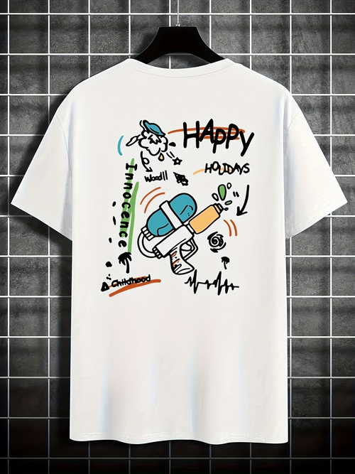 Men's Graphic T-Shirt Happy Holidays Cartoon Drawing With Playful Scribbles And Bold Doodle Rocket