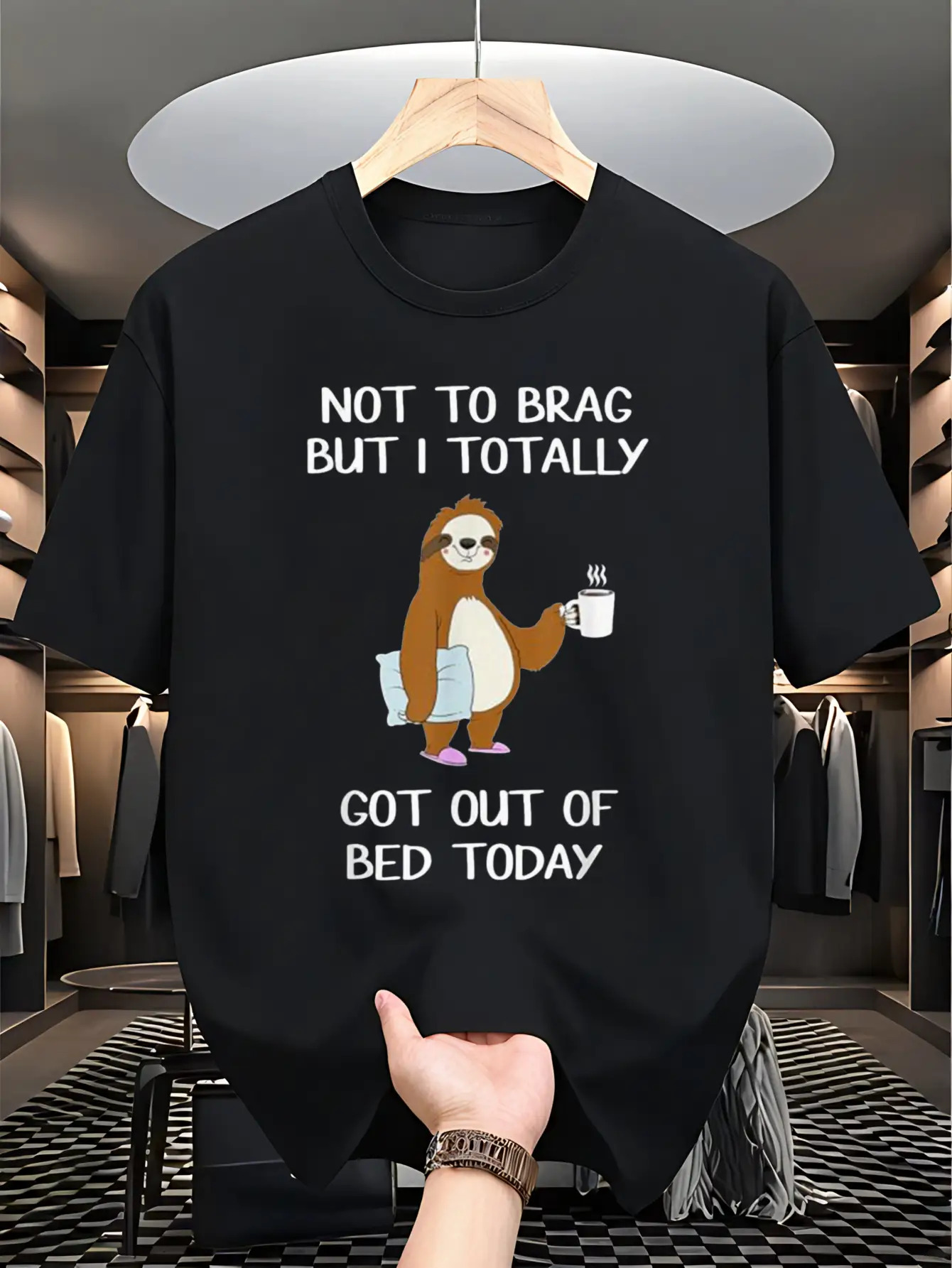 Men's Graphic T-Shirt Not To Brag But I Totally Got Out Of Bed Today Cartoon Sloth Holding A Coffee Mug