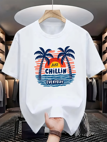 Men's Graphic T-Shirt Just Chillin Everyday Sun With Palm Trees At Dusk Beach
