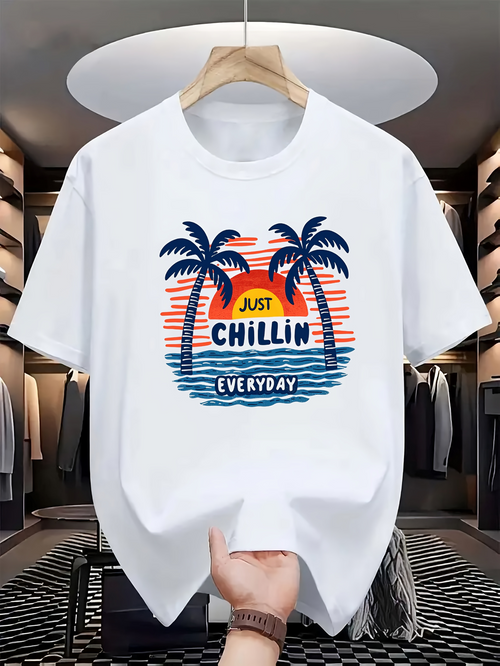 Men's Graphic T-Shirt Just Chillin Everyday Sun With Palm Trees At Dusk Beach