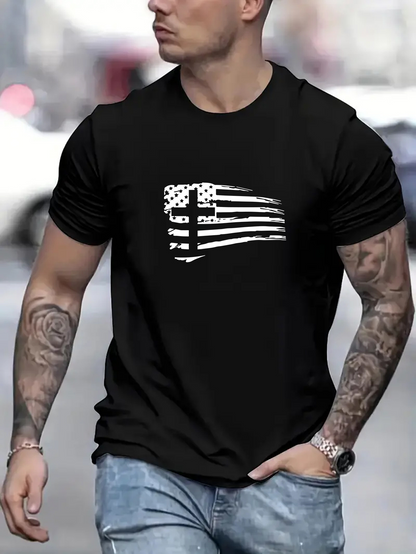 Men's Graphic T-Shirt Waving Black And White Graphic Stripes With Abstract Stars Flag