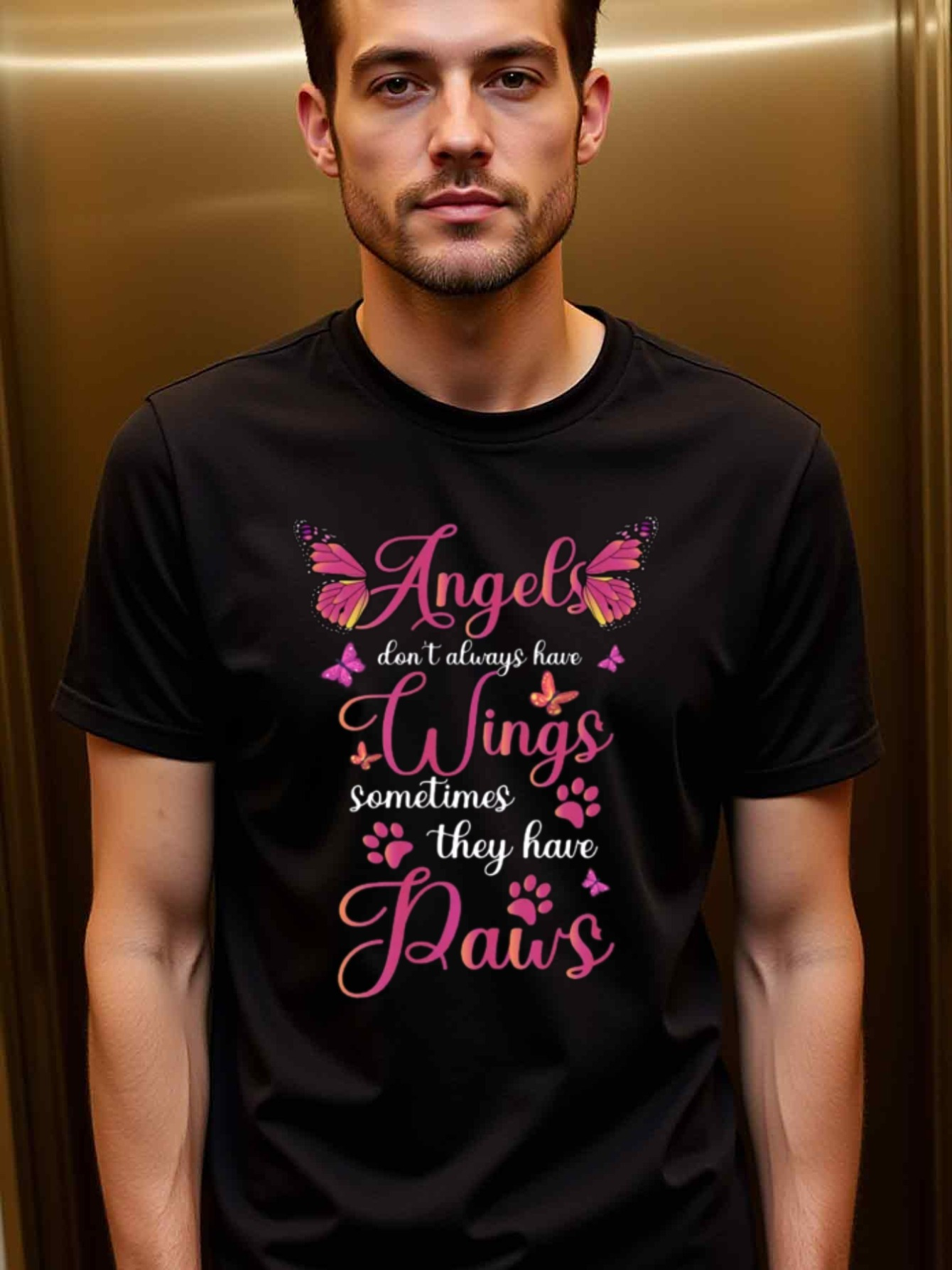 Men's Graphic T-Shirt Angels Have Wings Sometimes They Have Paws Among Butterflies And Paw Prints