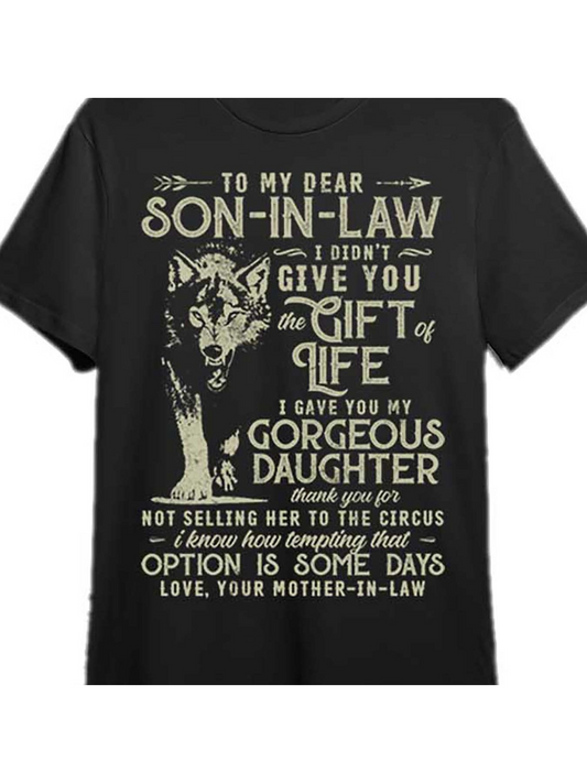 Men's Graphic T-Shirt Vintage Wolf With Loving Message Dedicated To Dear Son In Law