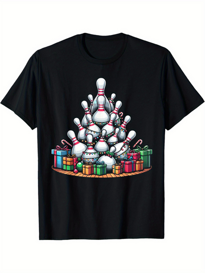 Men's Graphic T-Shirt Bowling Pins Arranged In Tree Shape Surrounded By Colorful Gift Boxes