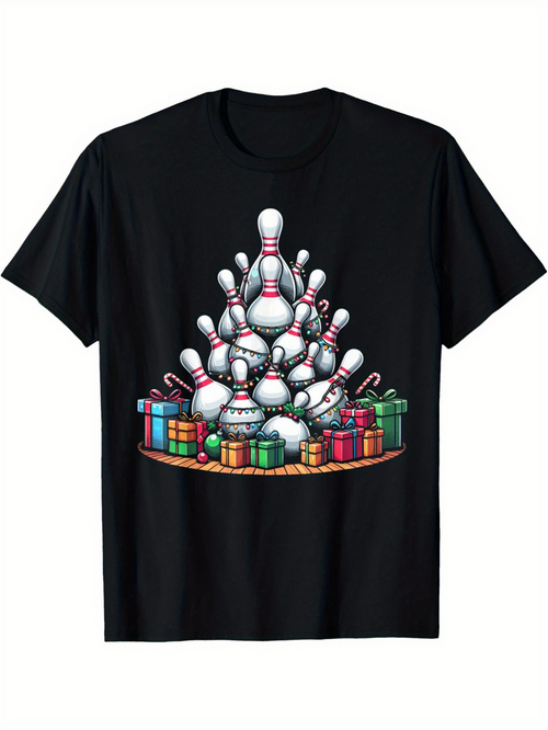 Men's Graphic T-Shirt Bowling Pins Arranged In Tree Shape Surrounded By Colorful Gift Boxes