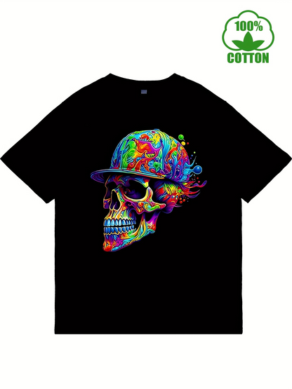 Men's Graphic T-Shirt Multicolor Graffiti Paint With Neon Details Baseball Cap Skull