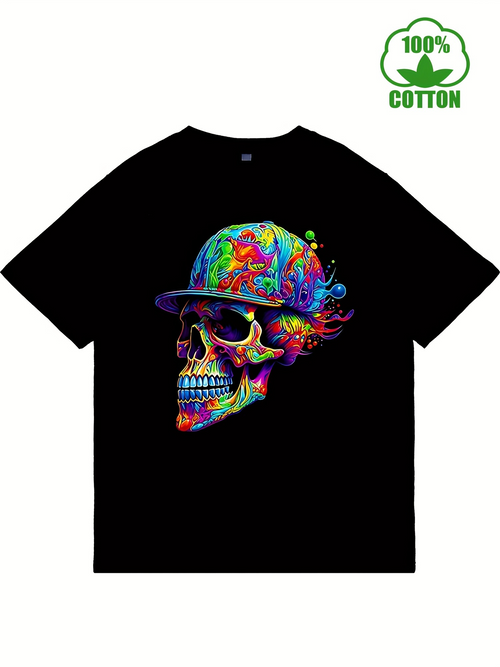 Men's Graphic T-Shirt Multicolor Graffiti Paint With Neon Details Baseball Cap Skull
