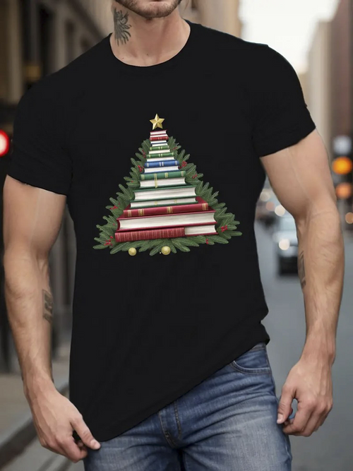 Men's Graphic T-Shirt Colorful Stacked Books Arranged In A Festive Holiday Tree Shape