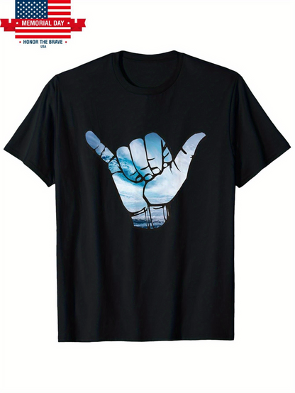 Men's Graphic T-Shirt Ocean Blue Reflections Across Hand Gesture Shaka Sign