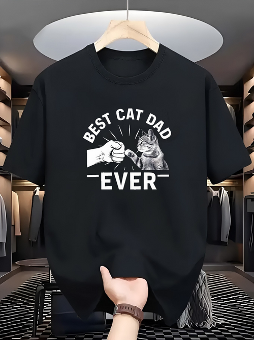 Men's Graphic T-Shirt Best Cat Dad Ever Playful Cat And Cartoon Hand Greeting Cat