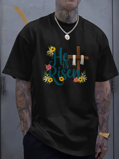 Men's Graphic T-Shirt He Is Risen Colorful Spring Flowers With Wooden Cross