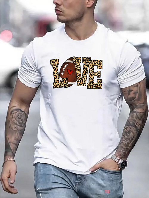 Men's Graphic T-Shirt Love With Leopard Print Lettering And Heart Shaped Football