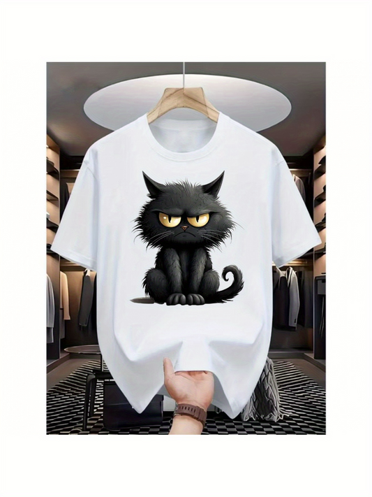 Men's Graphic T-Shirt Moody Cartoon Art With Fluffy Fur Sitting Black Cat