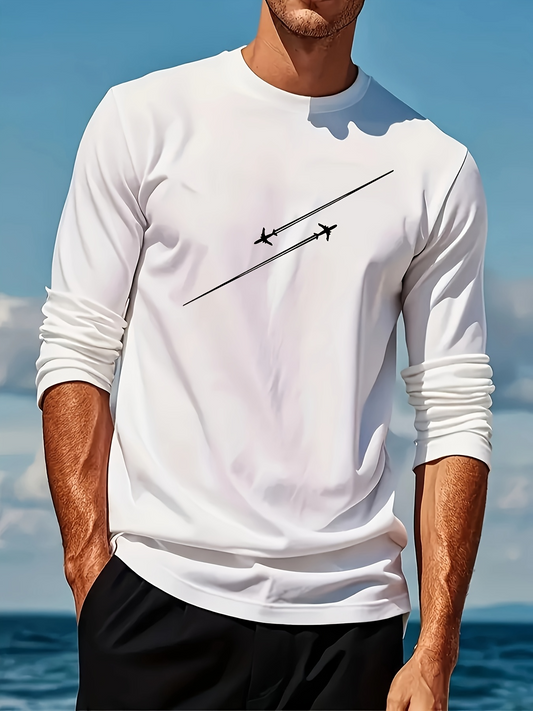 Men's Graphic T-Shirt Minimalist Jetliner Contrails Crossing Skies Under Soft White Cloud Airplane
