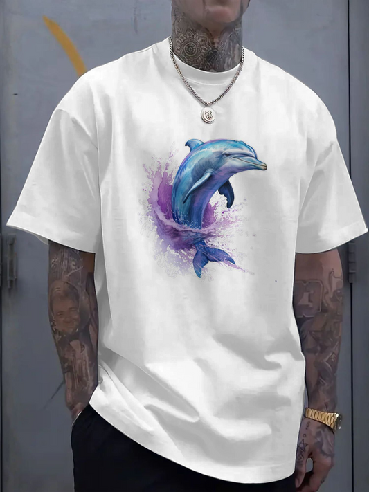 Men's Graphic T-Shirt Colorful Splash With Ocean Breeze Watercolor Dolphin