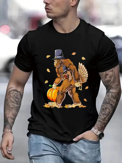 Men's Graphic T-Shirt Falling Autumn Leaves With Bigfoot Carrying Pumpkin And Turkey