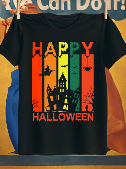Men's Graphic T-Shirt Happy Halloween Haunted Houses With Bats Full Moon And Bare Trees
