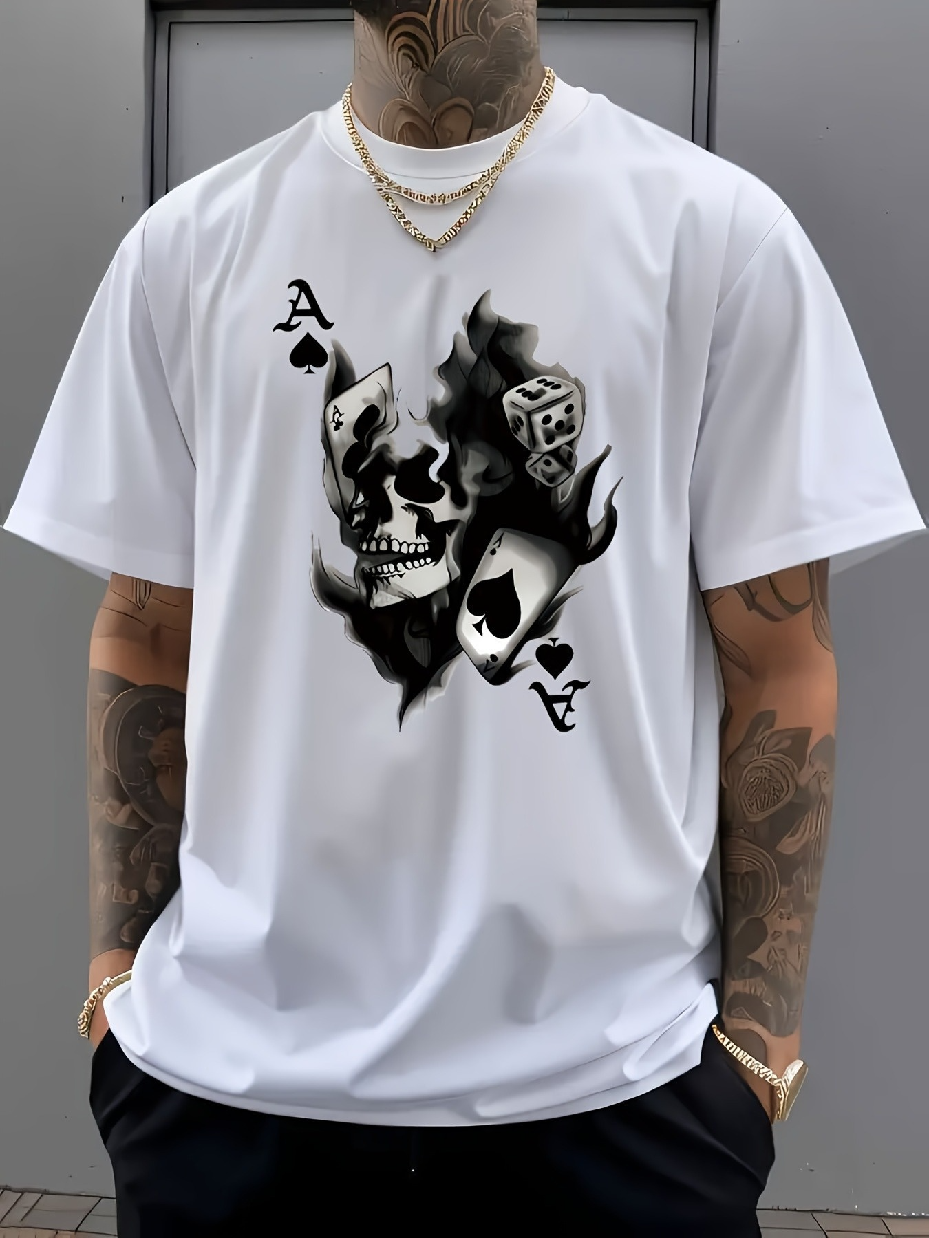 Men's Graphic T-Shirt Ace Spades With Dice Skull And Burning Cards