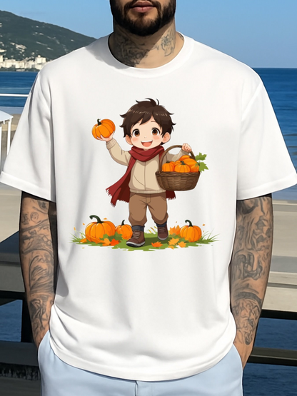 Men's Graphic T-Shirt Autumn Harvest Child With Pumpkins Scarf Under Blue Sky