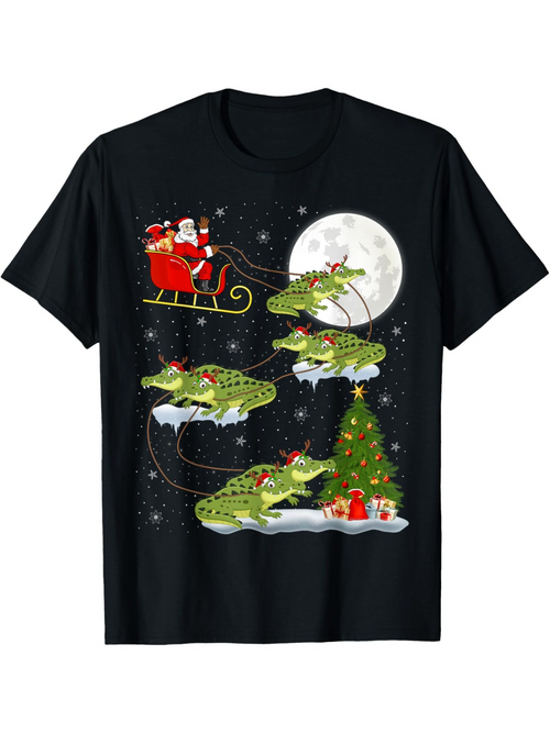 Men's Graphic T-Shirt Santa In Sleigh With Crocodiles Flying Over Christmas Tree Night