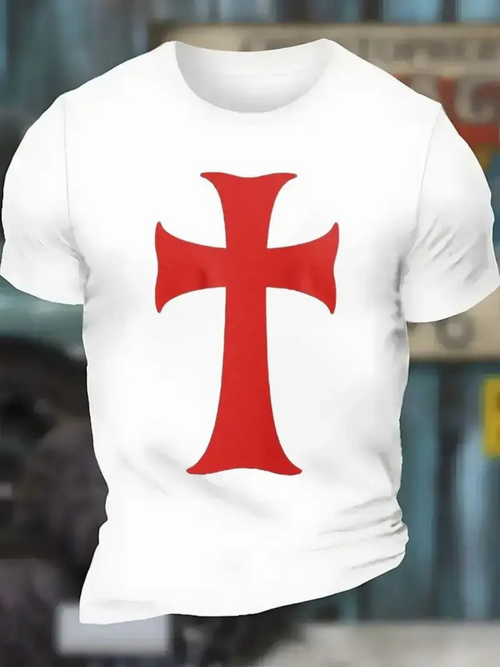 Men's Graphic T-Shirt Bold Red Saint Cross Pattern Centered On White Shirt