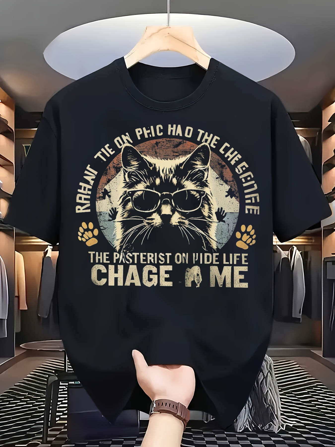 Men's Graphic T-Shirt Retro Glasses Cat With Funny Slogan And Moonlit Wild Jungle Scene Cat