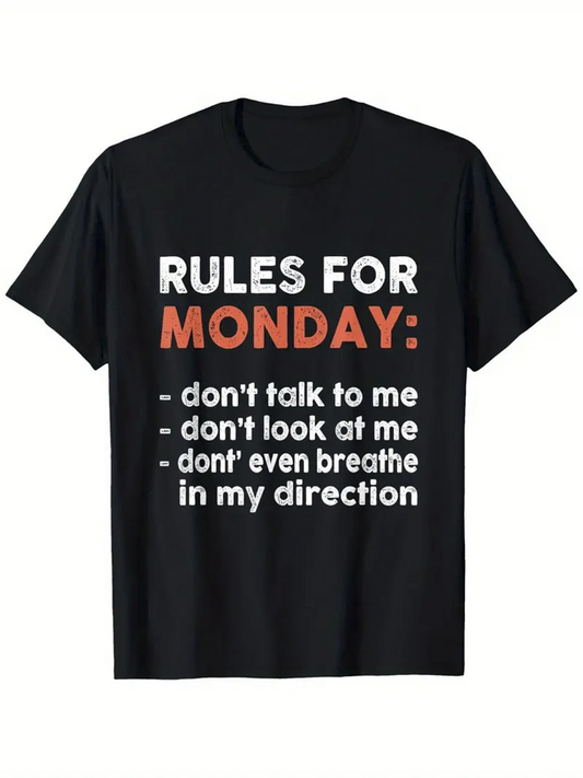 Men's Graphic T-Shirt Rules For Monday White Bold Font Lettering Statement Black Tshirt